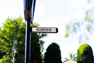 Street sign with green trees around it