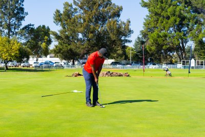 Black golfer wearing a red golf shirt putting on the green