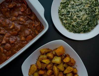 Beef stew and spinach flatlay